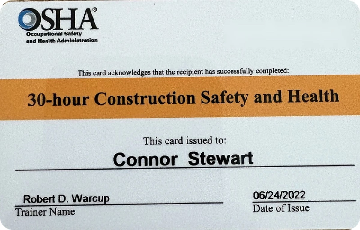 OSHA card issued to Connor Stewart acknowledging successful completion of 30-hour Construction Safety and Health training, dated June 24, 2022