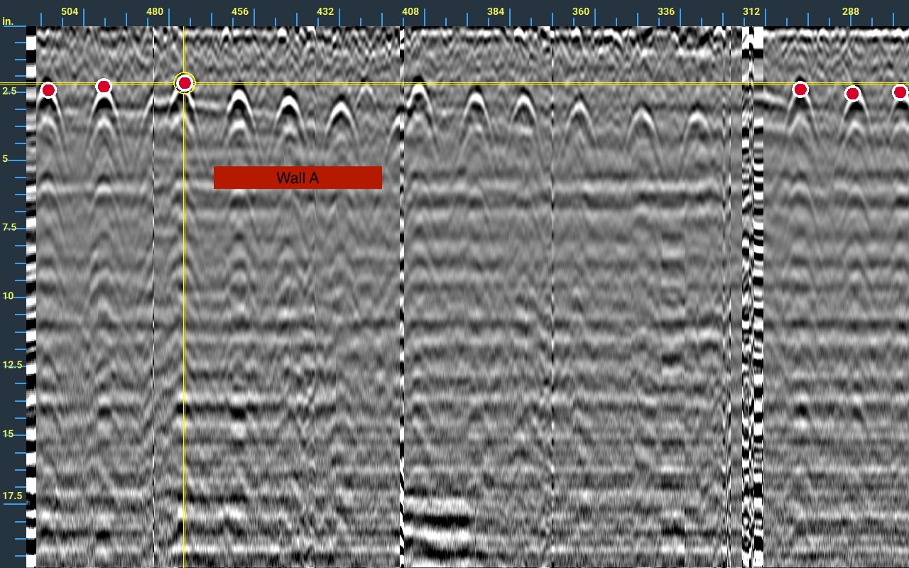 GPR radargram of wall A showing a regular row of hyperbolas near 2.5 inches deep